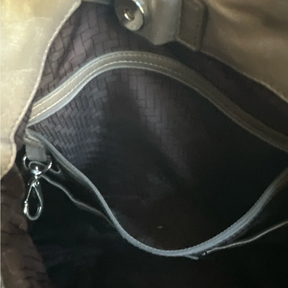 Cole Haan Metallic Taupe Leather Tassel Tote | Soft Pebbled Leather Shoulder Bag
